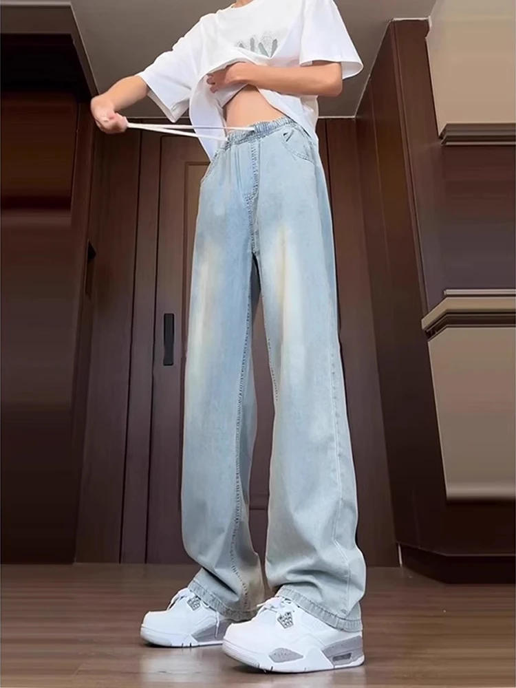 

Light Blue Ice Silk Denim Jeans Men's Summer Thin Drapey Teenage Pants Small Size CleanFit Wide Leg Pants Loose Straight Cut