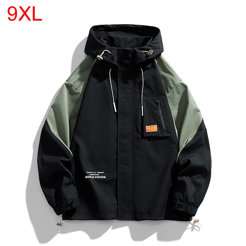 

Big size jacket men's spring autumn multi-pocket loose Patchwork jacket hooded youth trendy tops Youth clothes 6XL 7XL 8XL 9XL