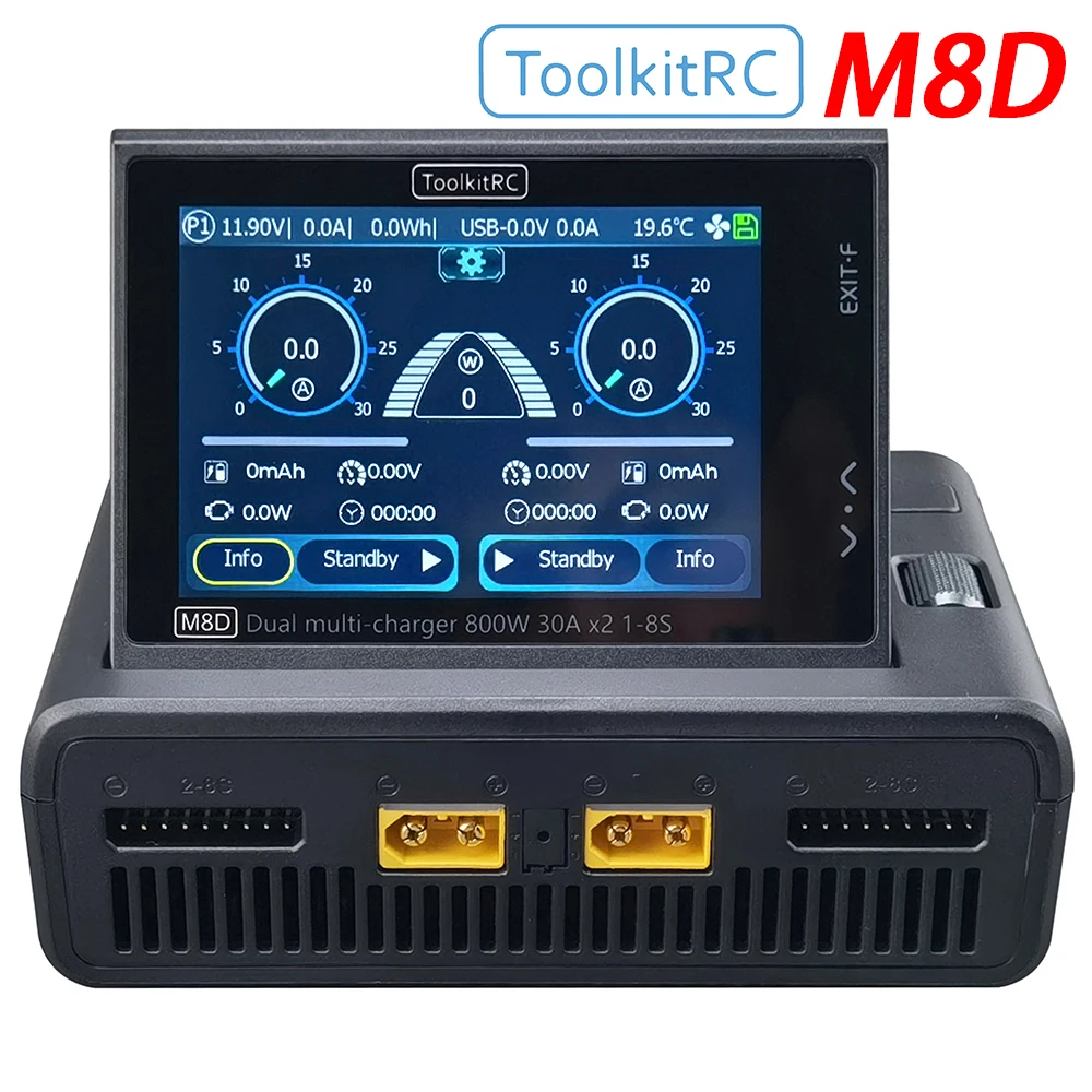 ToolkitRC M8D Ladegerät, Lithium-Batterie mit Ausgleichsspannung 1S-8S, DC 1600W, 2-Kanal Spielzeugauto-Zubehör mit Sprachsteuerung und Touchscreen, Aufladung