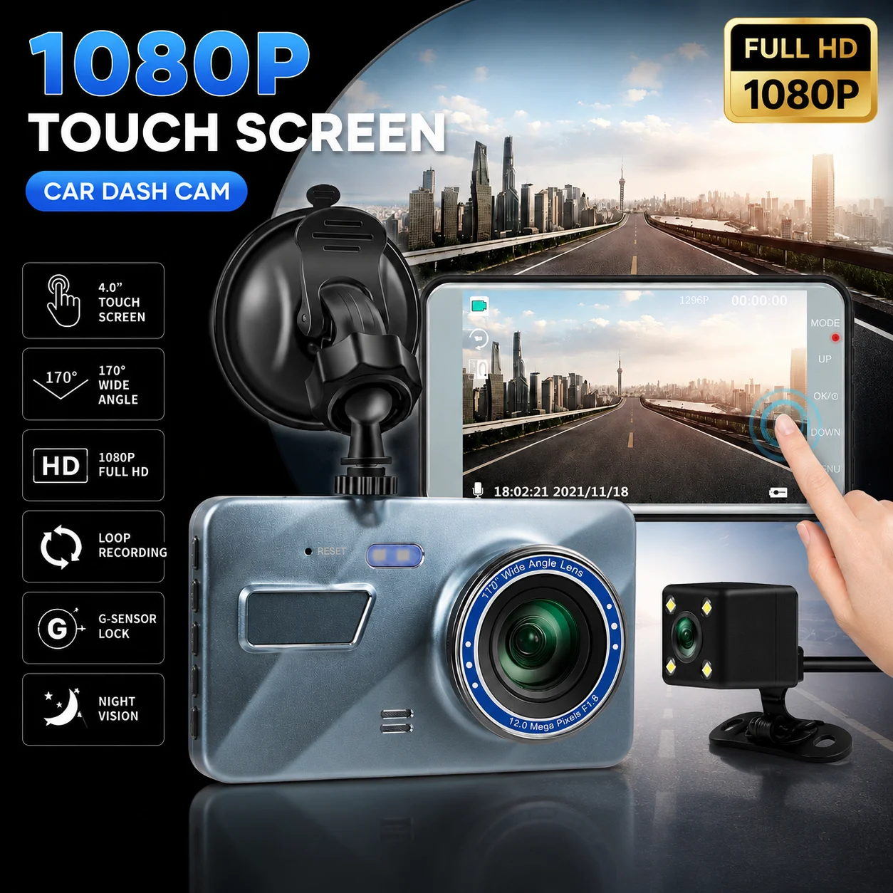 1080P Dual Lens Dash Cam 4Inch Touch IPS Video Recorder WDR with Night Vision  Loop Recording Front Rear Camera for Car Safety