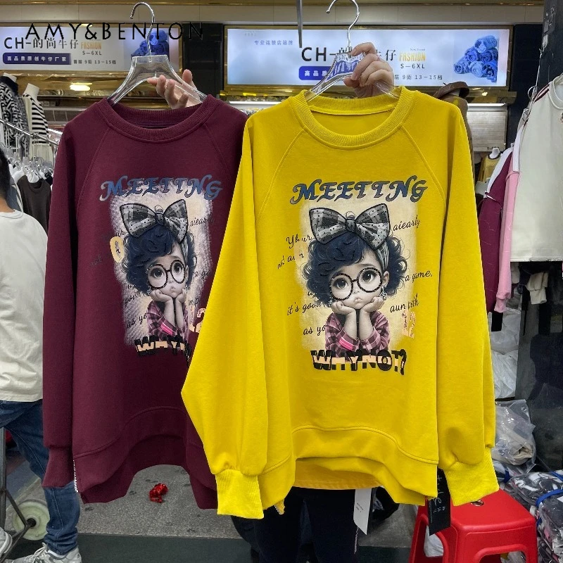 

Retro Cartoon Girl Letter Print Sweatshirt Ladies Korean Style Loose Side Slit Long Sleeves Top Hoodies Round Neck Pullover Coat