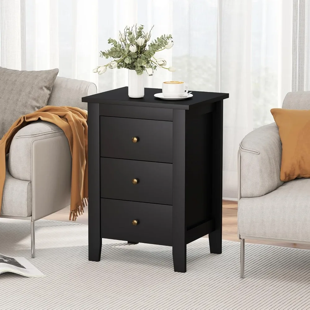 

Nightstand with 3 Drawers, Wood Black Stand Bedside Table w/Storage Drawer & Round Metal Knobs, Modern End Side, Customized