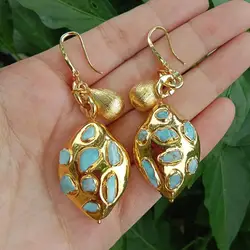YYGEM 25x34mm Natural Blue Larimar Dangle Hook Earrings Gemstone Earrings Women