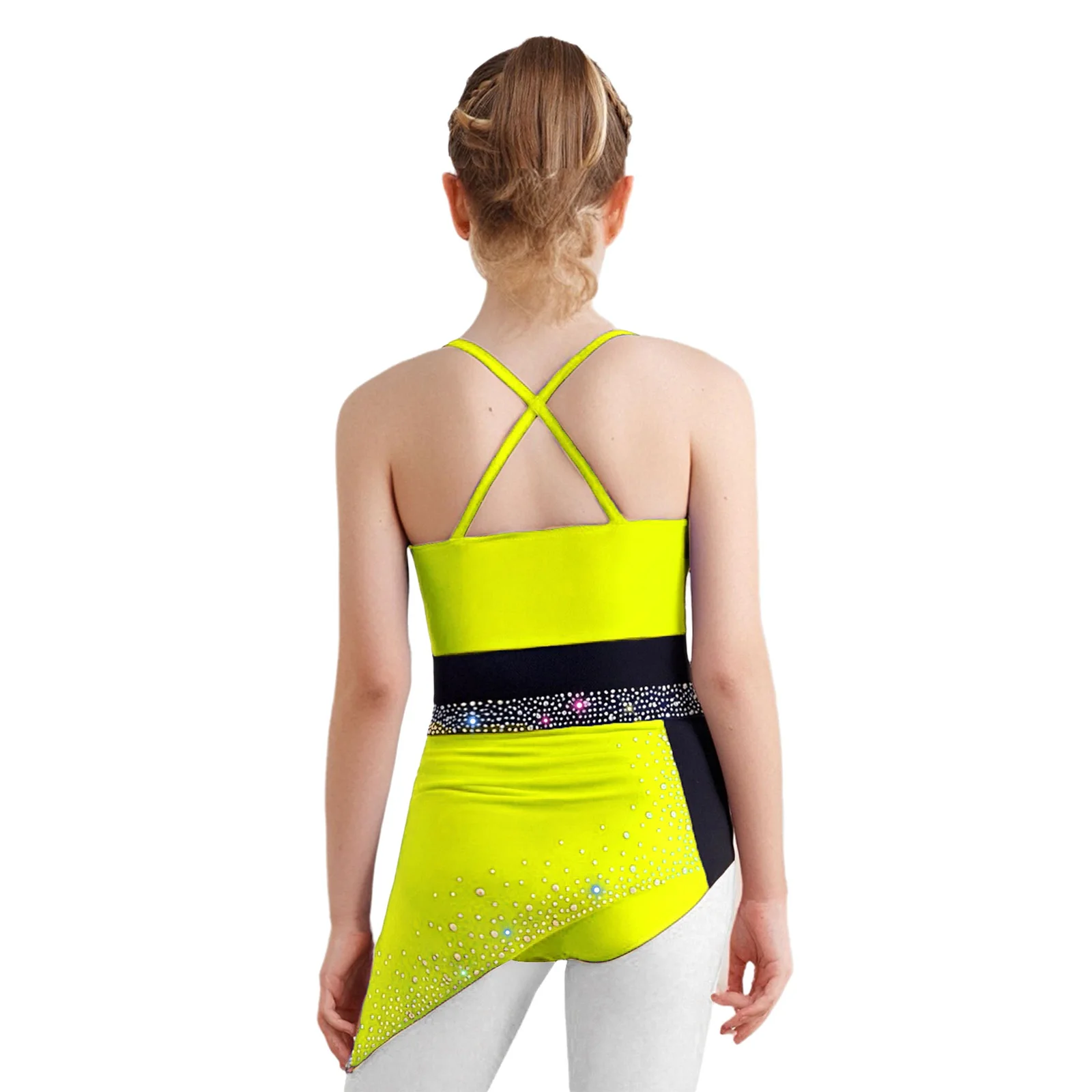 أطفال بنات الجمباز سباركلي الراين Ruched ثياب فستان فني الشكل التزلج الباليه أداء الرقص الغنائي زي