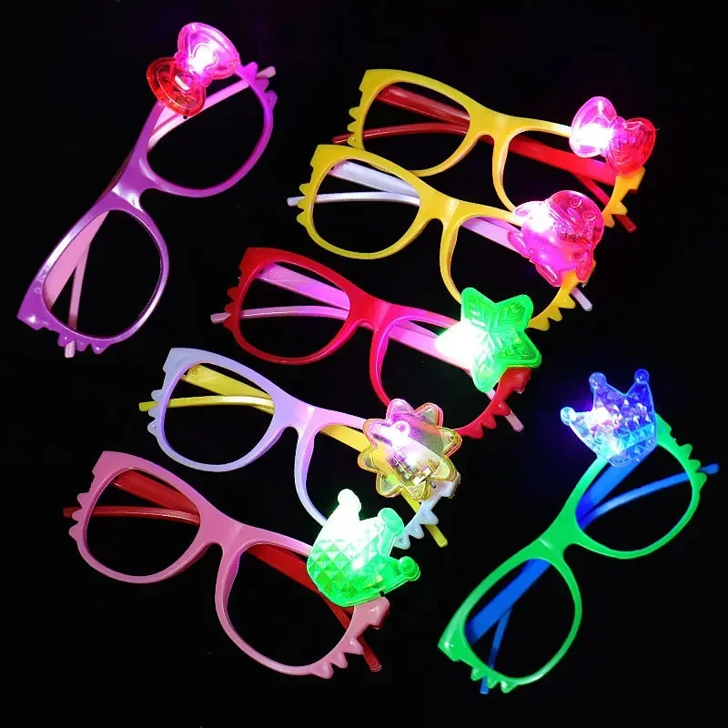 30pcs Girls Kids Children Cartoon Star Crown Light Up LED Glasses Frame Glowing Toys Party Favors Supplies Christmas Carnival