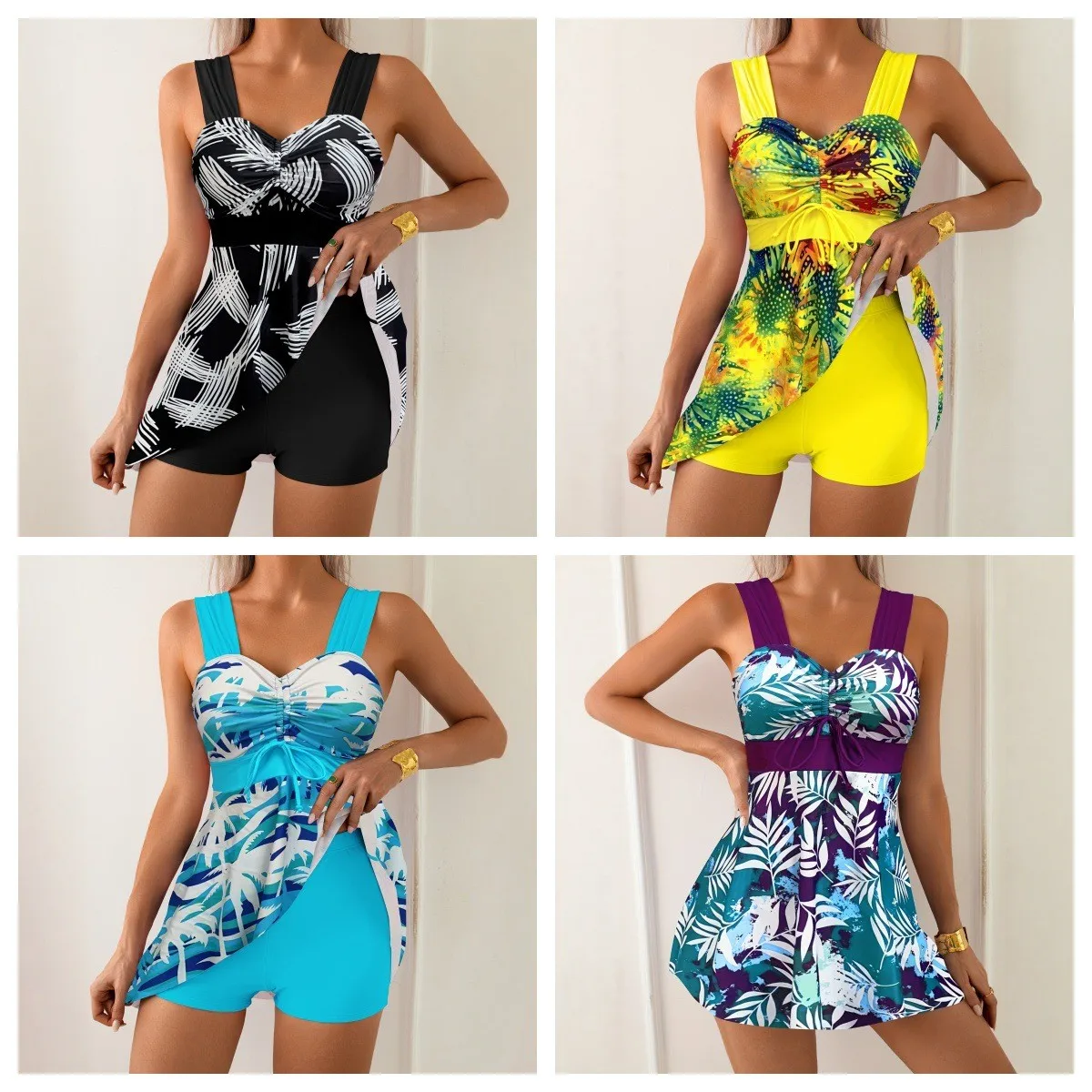 

Woman Tankini Tummy Control With Shorts Sleeveless Tankini Top Plus Size High Waisted Tankini Set Tropical Print Two Piece