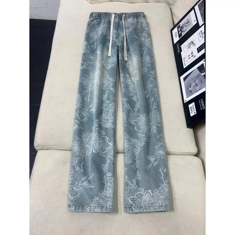 Mens Jeans Man Pants American Streetwear Baggy Straight Leg Lyocell Icy Color Pattern Trousers For Gentlemen
