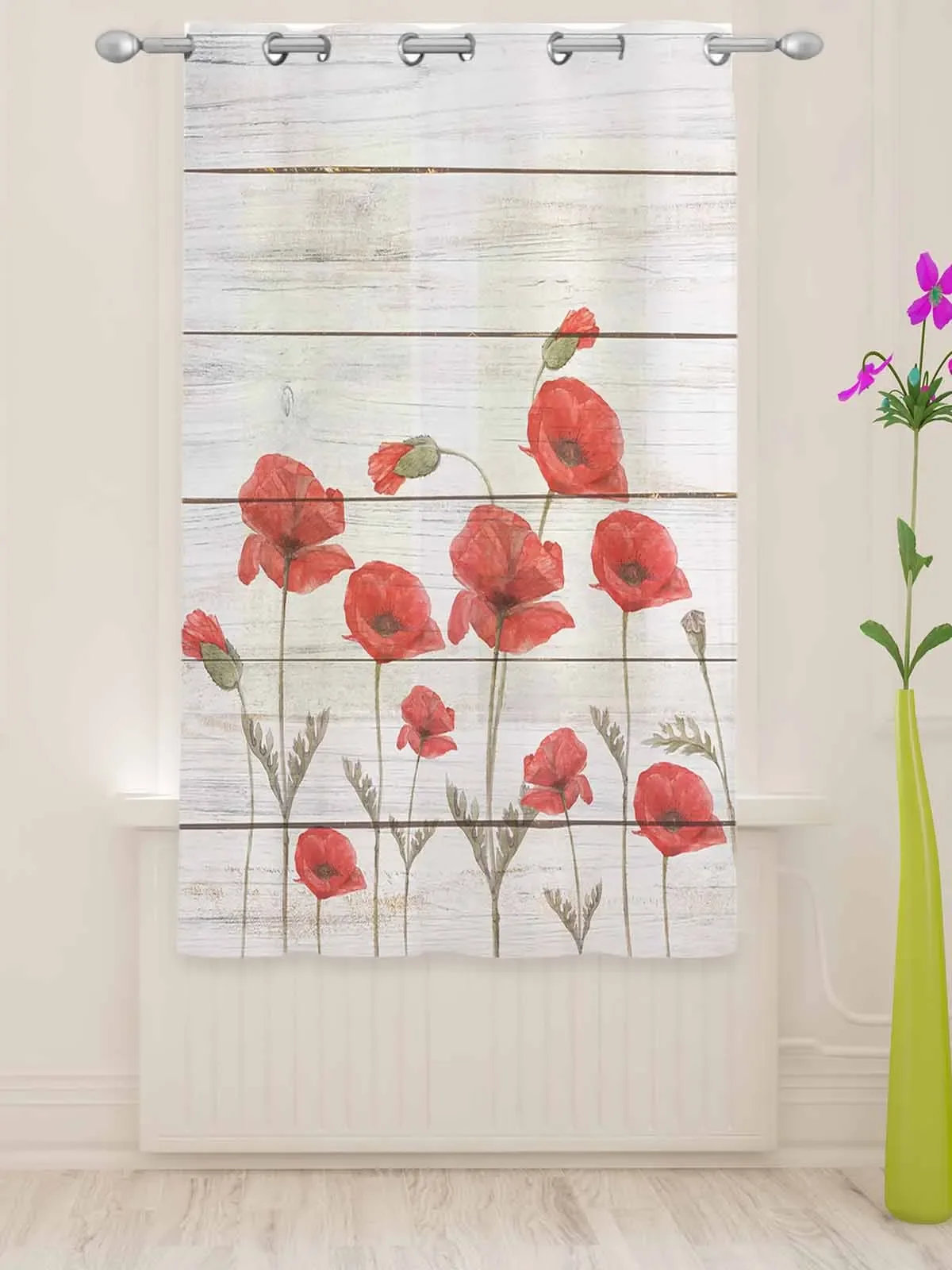 Red Poppy Flower Wood Board Sheer Curtains For Living Room Window Transparent Voile Tulle Curtain Cortinas Drapes Home Decor