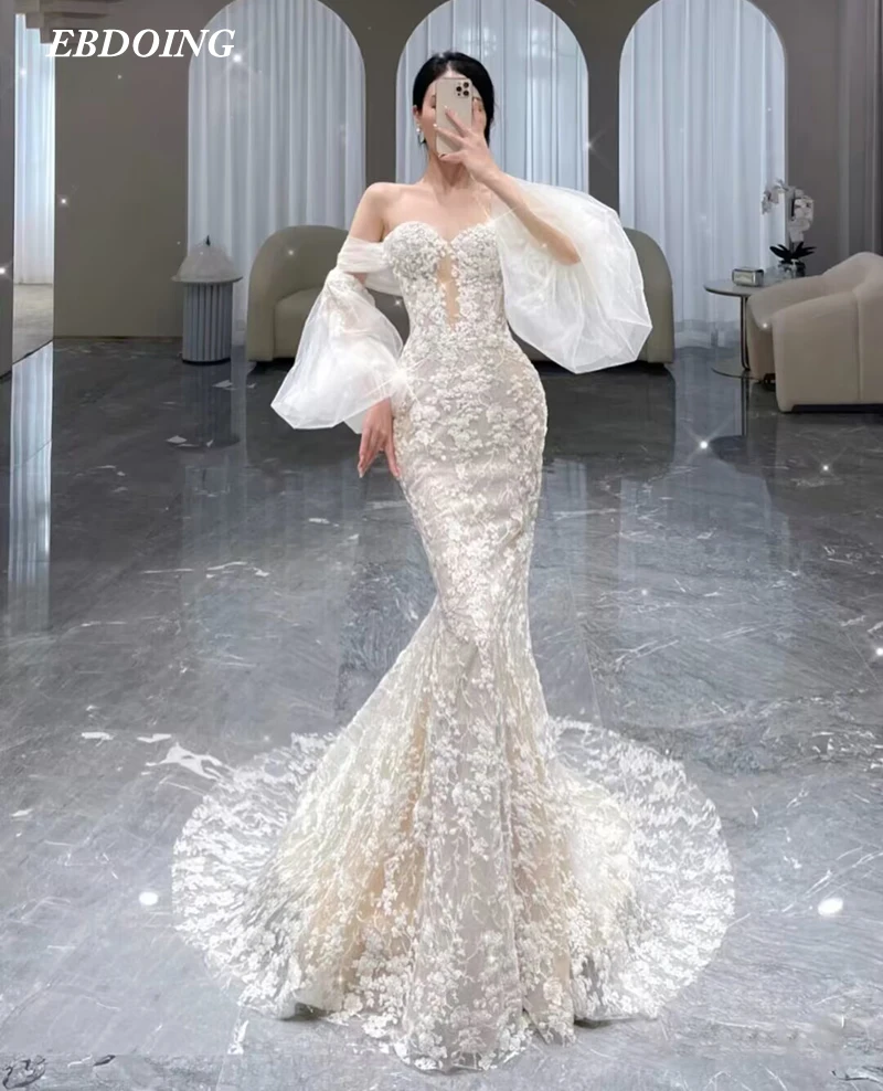 Gaun Pengantin Putri Duyung Terbaru untuk Pengantin Leher Sweetheart dengan Lengan Puff Yang Dapat Dilepas Dibuat Sesuai Pesanan Ukuran Vestidos De Novias