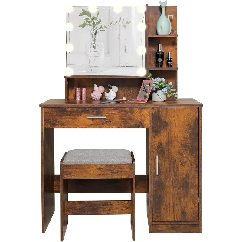 Makeup Vanity Desk for Valentine's Day, Vanity Desk Set with 1 Drawer, 1 Cabinet & 3 Shelves, Makeup Vanity Table with Stool