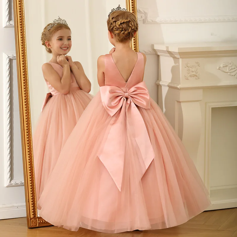 Girl Princess Dresses Pink New Flower Girl Wedding Party Dress V-Neck Girls Gowns Long Sleeveless Beauty Pageant Gown Customized