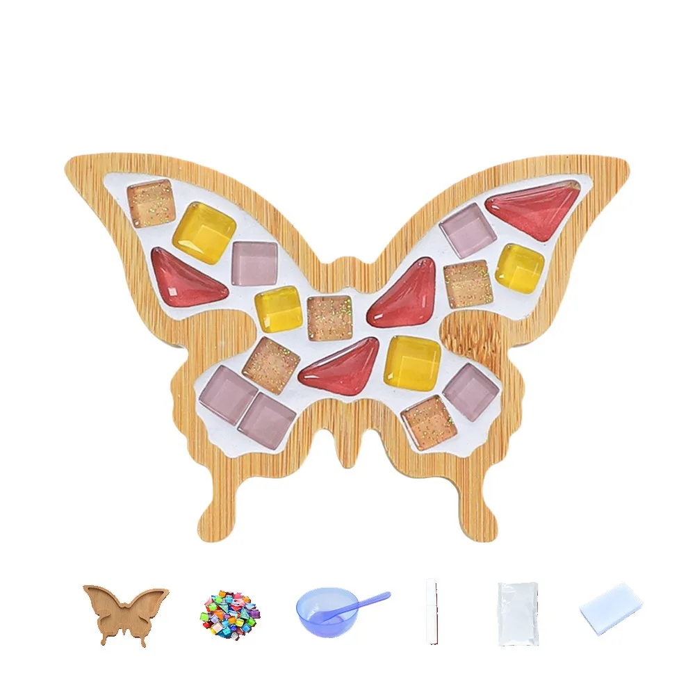 Mixed Color DIY Mosaic Coaster Glass Mosaic Butterfly Shape Coaster Making Kit Non-Slip Thermal Insulation