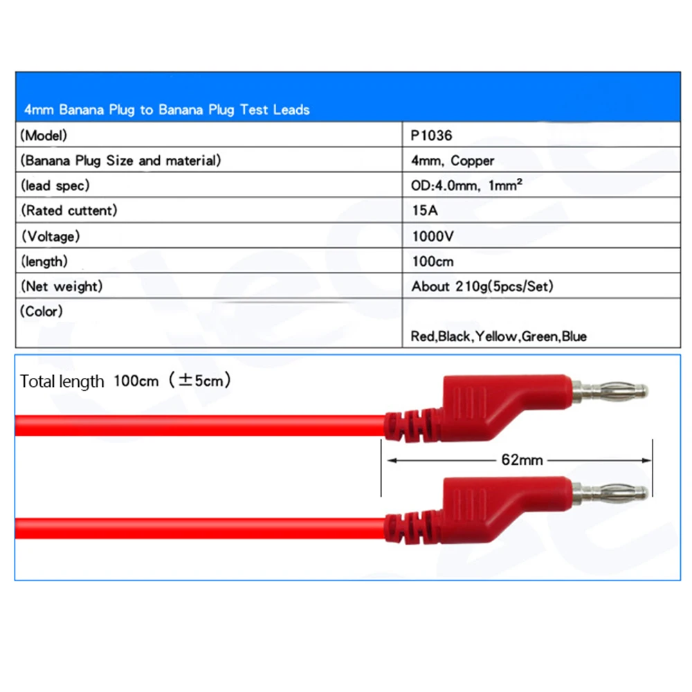 TKDMR 30PCS Set 5 Colors 4mm Dual Banana Plug Smooth Silicone Lead Test Cable For Multimeter 1m U-Shaped Alligator Clip