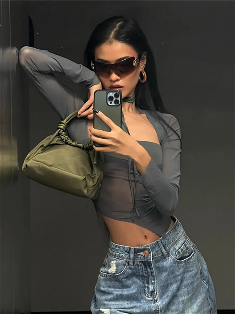 

InGrily Irregular See Through Women Tank Tops Bandage Mesh Patchwork Long Sleeve Ruched High Street Daily Partywear Wild Vest