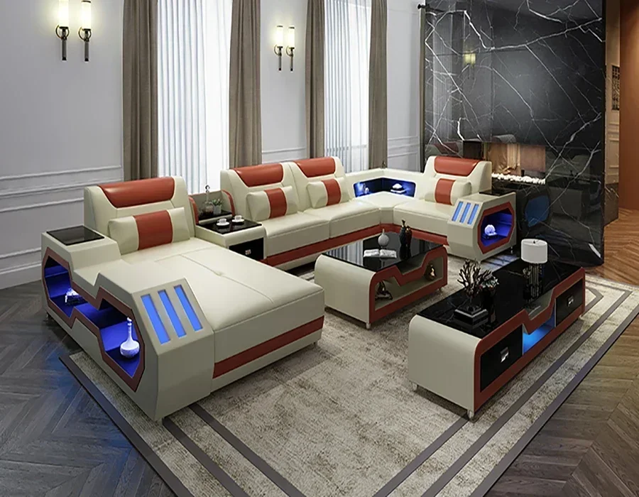 Modern Couch Smart Modular Home Living Room Furniture Leather Sectional Sofa Set Furniture ，LED Light and Bluetooth Audio