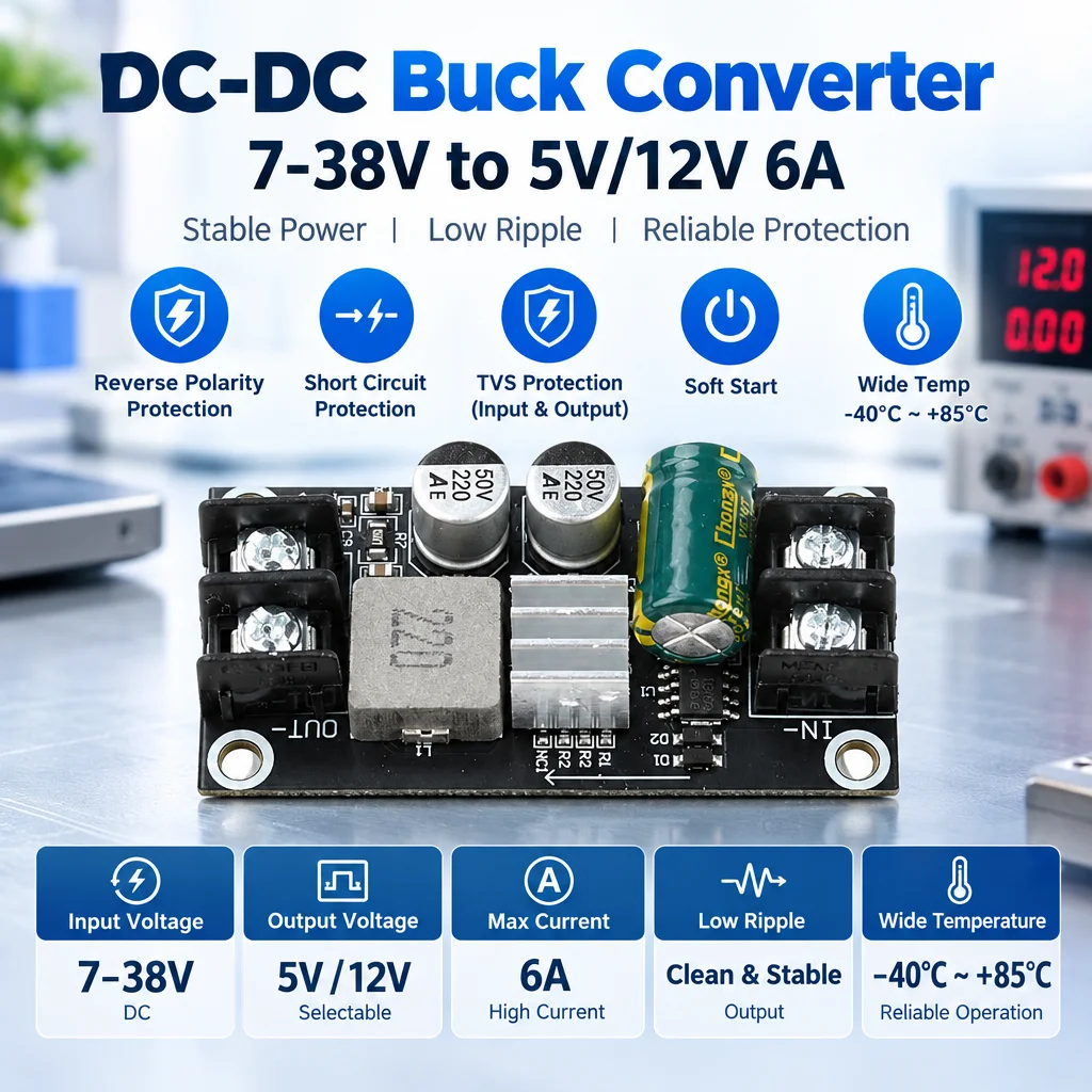 DC 7-38V to 5V/12V 6A Step-Down Buck Power Supply Module with High Power/Ultra-Low Ripple/Reverse Polarity Protection/Soft Start