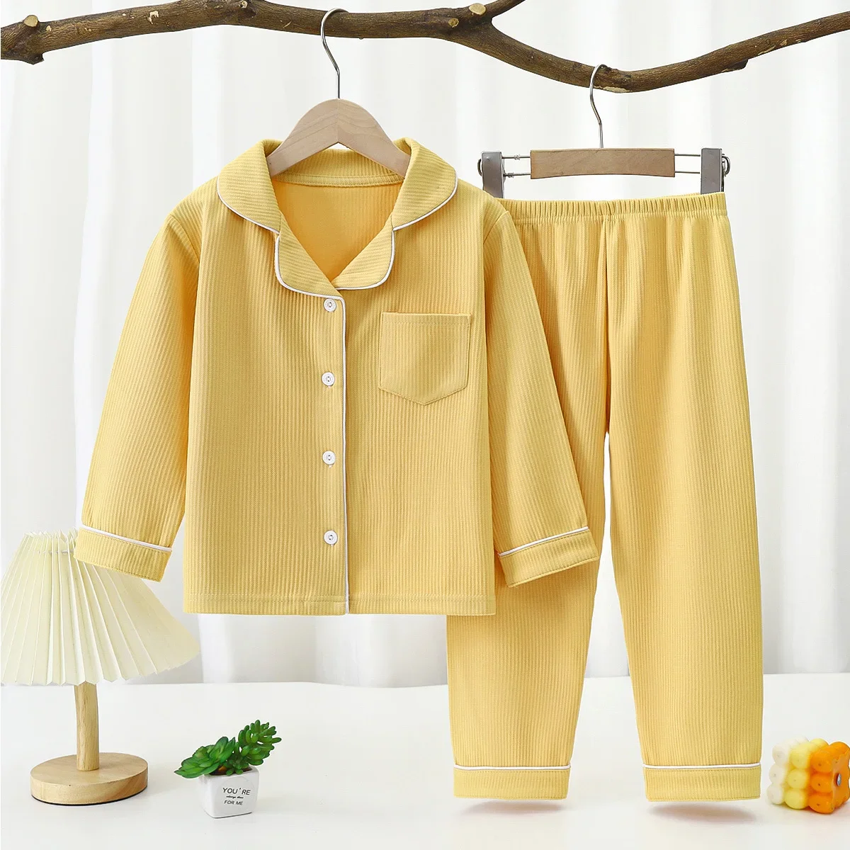 1-16 Years Toddler Baby Kids Unisex Casual Pajama Suit Boy Long Sleeve Front Pocket Lapel Tops+ Long Pants Girl Pajama Sets