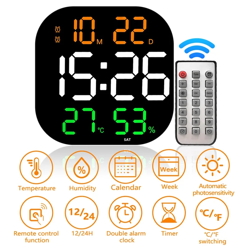 High Quality-13Inch Wall Clock Brightness Adjustable Remote Control LED Digital Clock Electronic Dual Alarm Clock Living Room De