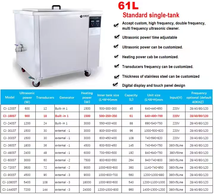900W 61L Digital Control Timer Heater 40KHz Industrial Ultrasonic Cleaner Electric New for Automatic Car Parts Industrial Use