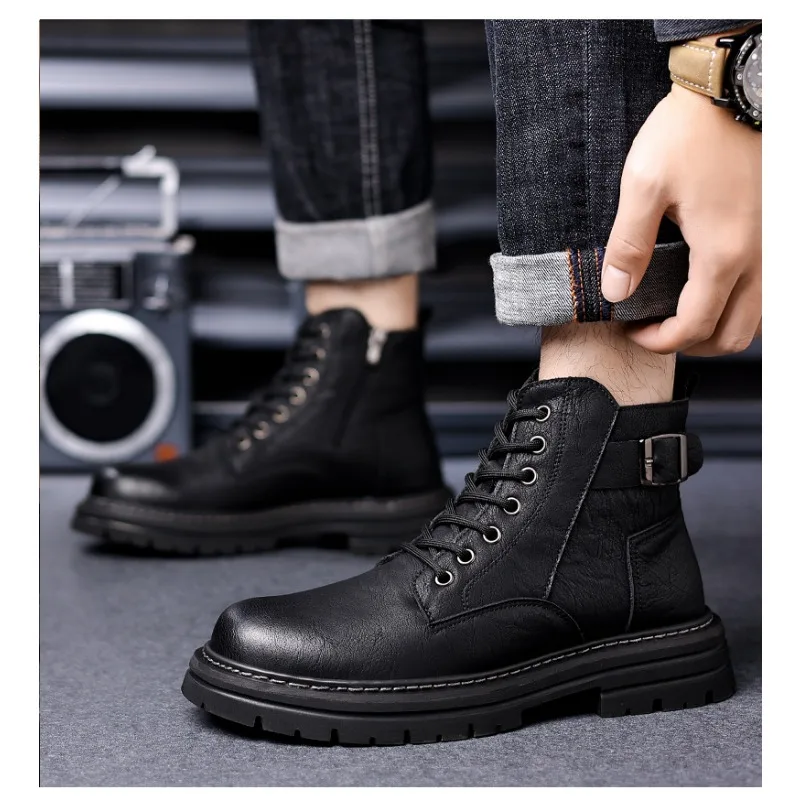 Autumn Winter Leather Platform Boots for Men Fashion Soft-soled Warm Casual Men Work Shoes New Designer Lace Ankle Boots Male image 3