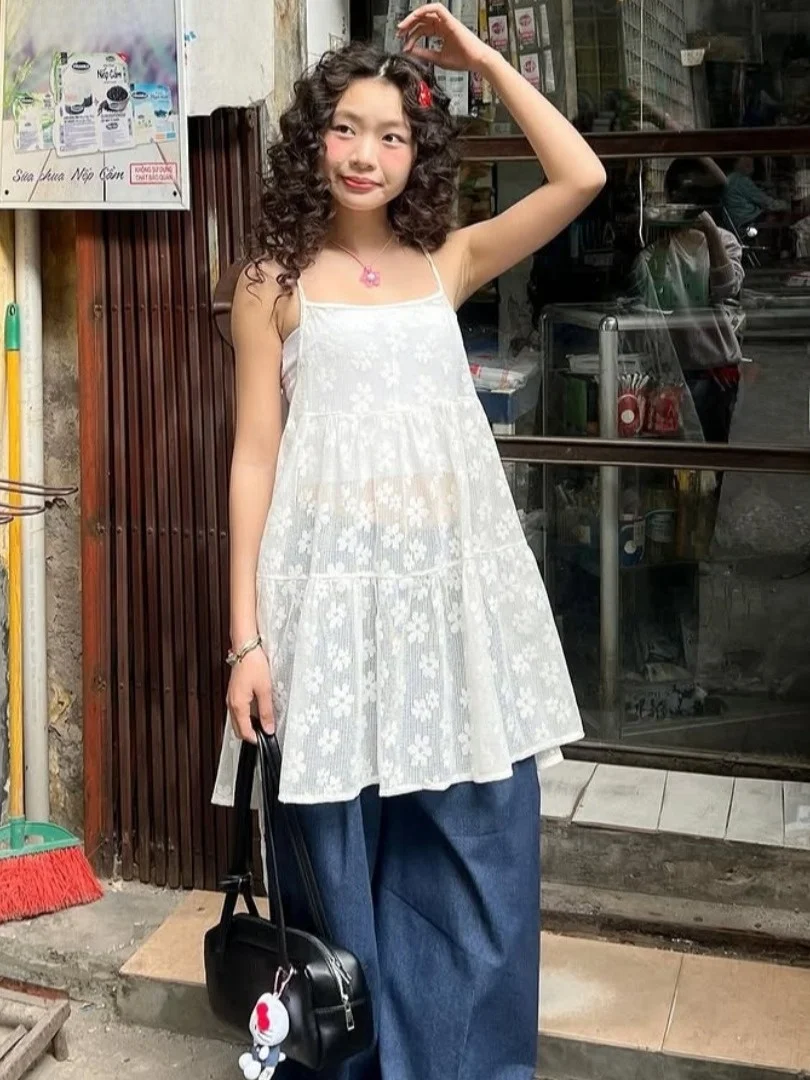 Sweet Floral Embroidery ter Dr Women's Summer Age-Defng Design Fre Casual Vest Dr Square Neline Svel