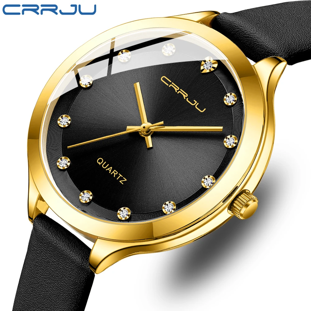 

CRRJU Luxury Brand Dial Watches for Women Leather Band Fashion Rhinestones Ladies Wristwatch