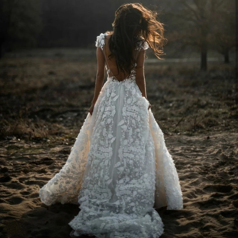 Robe de mariée bohème à col en V, ligne A, boule de dentelle vintage, quels que soient les patients en dentelle, corset d'entraînement, robe bohème éducative