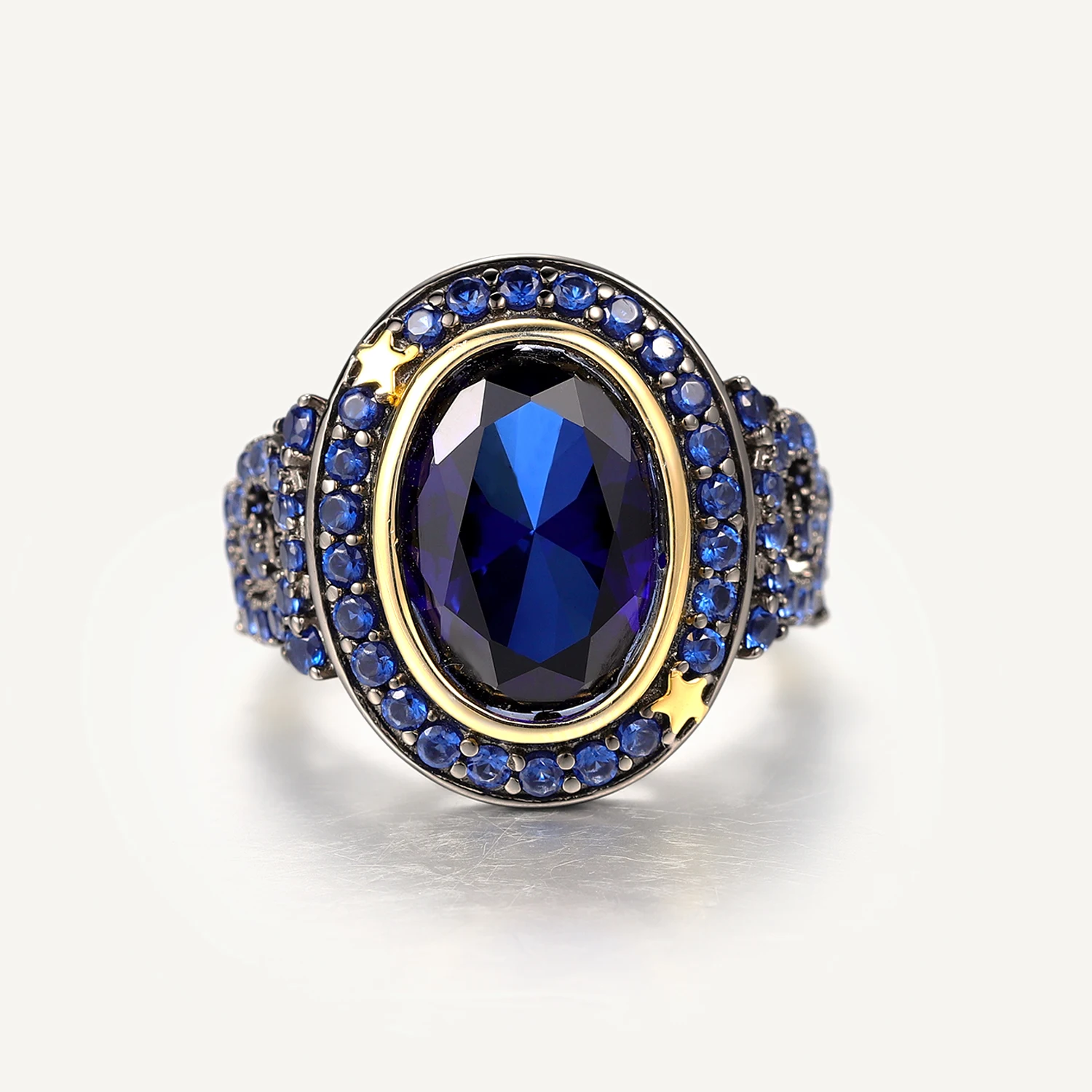 GEM\'S BALLET lab Blue Sapphire Vintage Ring 925 Sterling Silver Handmade Star Moon Element Ring for Women Fine Jewelry