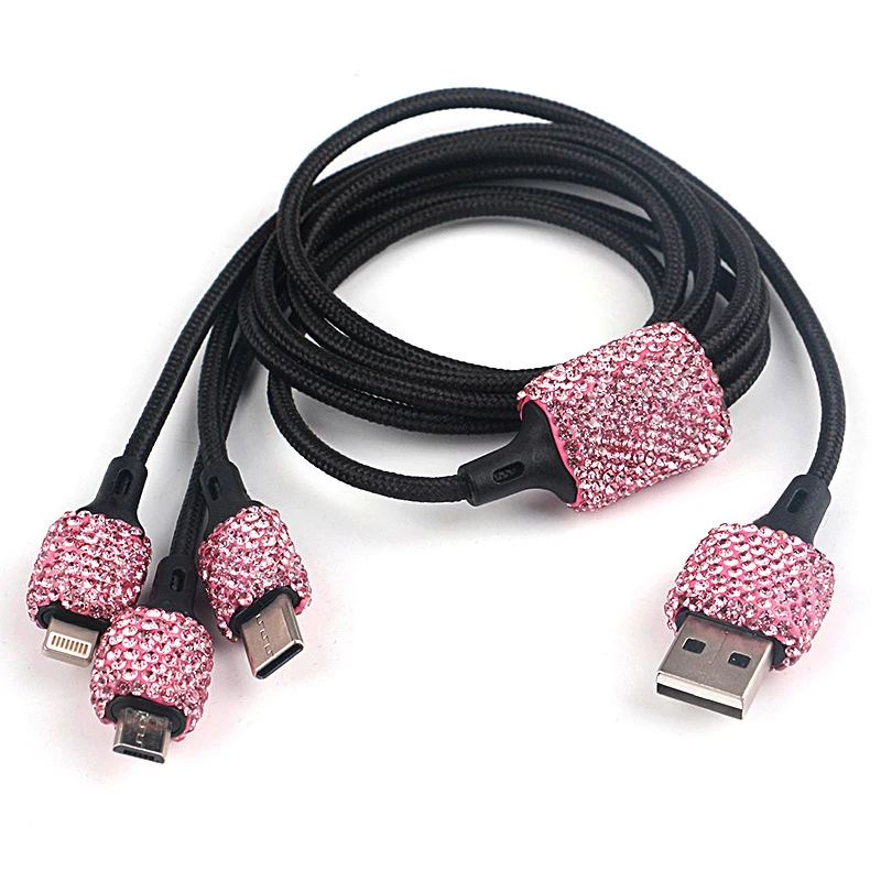 Caricabatteria da Auto con strass 5V 2.1A adattatore USB per Auto a doppia porta ricarica rapida con cavo di ricarica 3 In 1 decorazione per Auto