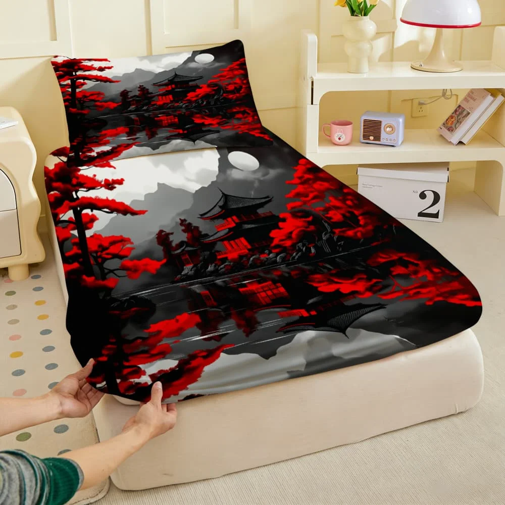 1pc Japanese Red Pine & Pagoda Print Fitted Sheet Deep Pocket Elastic Mattress Cover Single Double Queen King Bedroom Decor