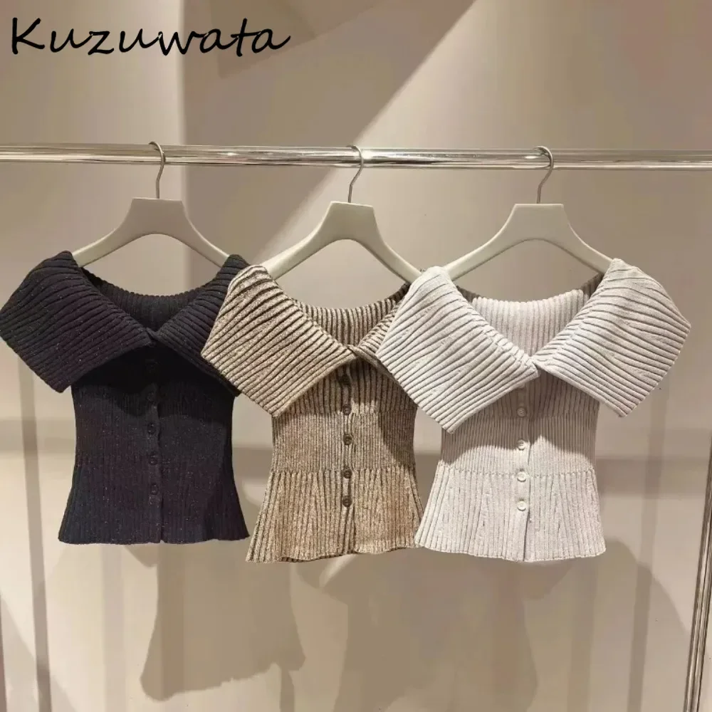 Kuzuwata New Moda Big Turn-down Collar Sleeveless Cardigan Off Shoulder Slim Fit Single Breasted Jumper Japan Knit All-match Top