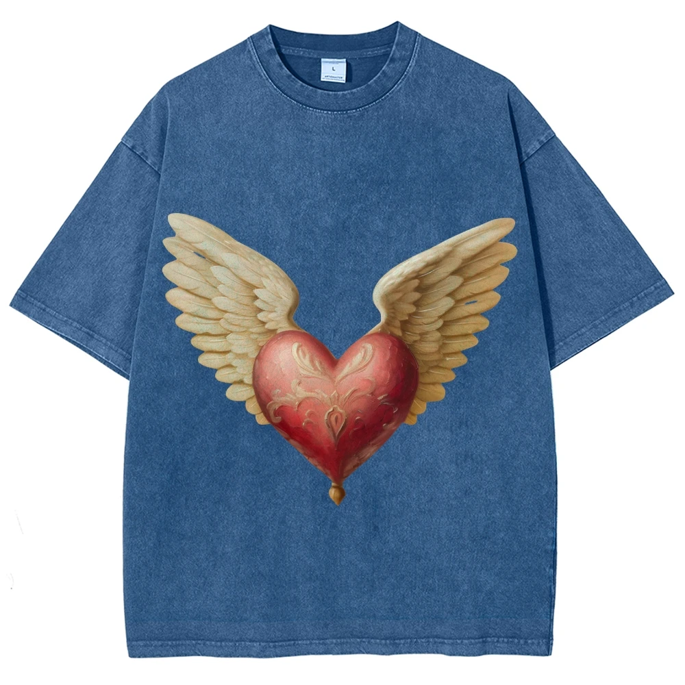 Koszulka graficzna Y2k z nadrukiem skrzydlatego serca Romantyczny, boski i podnoszący duchy styl Kpop Miękki bawełniany materiał na codzienne stylizacje tematyczne miłości