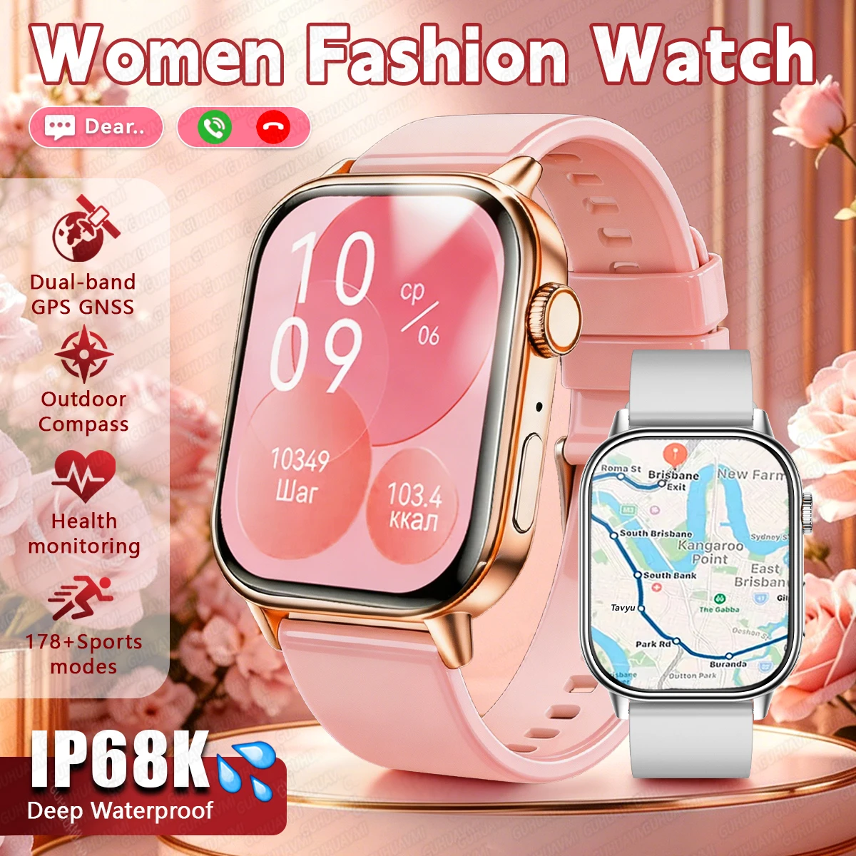 2026 Neu für Android iOS GPS Smartwatch für Damen 2,01" HD-Bildschirm Kompass Herzfrequenz Bluetooth-Anruf IP68 Wasserdicht 178+ Sportarten Uhr