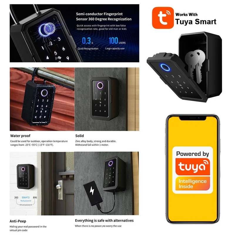 Electronic Safe Key Box Tuya Smart Life Control Bluetooth 4.1 Gateway Waterproof Outdoor Security Fingerprint Safe stash