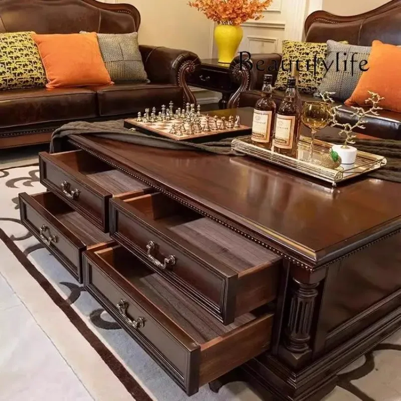 

BJ American Retro Coffee Table, All Solid Wood Square Table With Drawer Storage, Living Room Storage Luxury