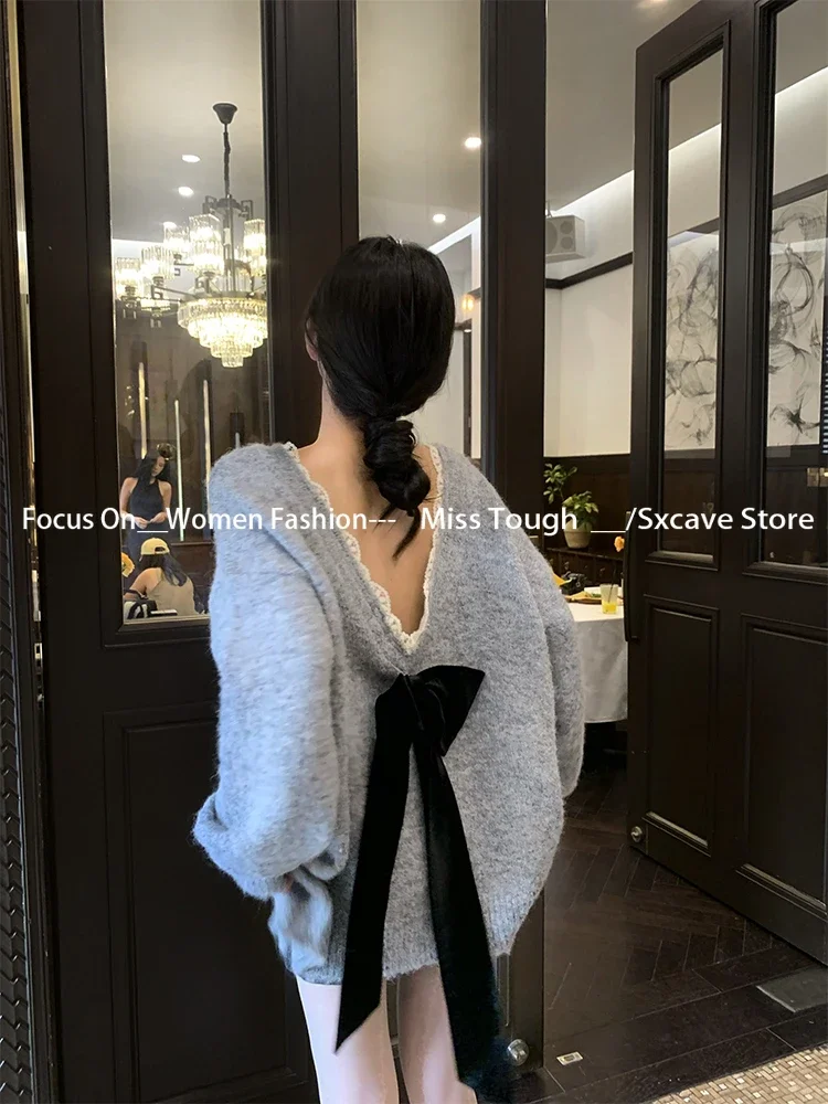 Elegant Bow Sexy Black Sweater Women New Year Autumn Chirstmas Clothing Korean Fashion Knitted Pullover Office Lady Jumpers Y2k