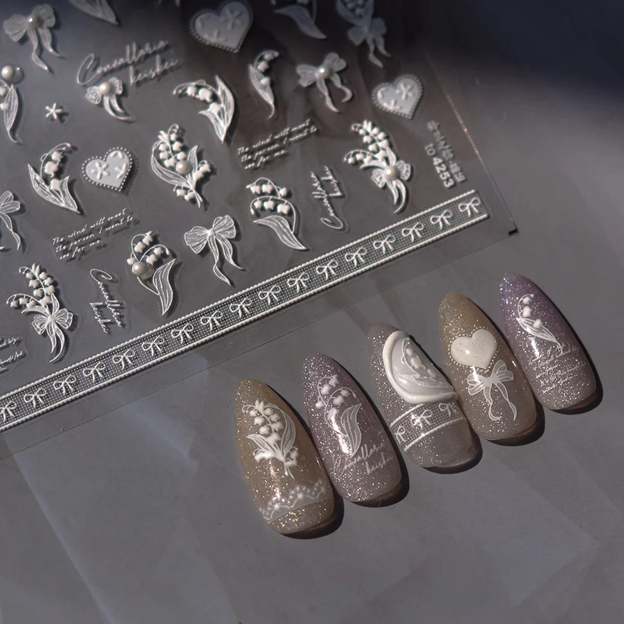 Autocollants 5D en Dentelle Blanche pour Ongles, Motif Floral Simple, en Relief, Accessoires de Bricolage, N64.1 Pièce