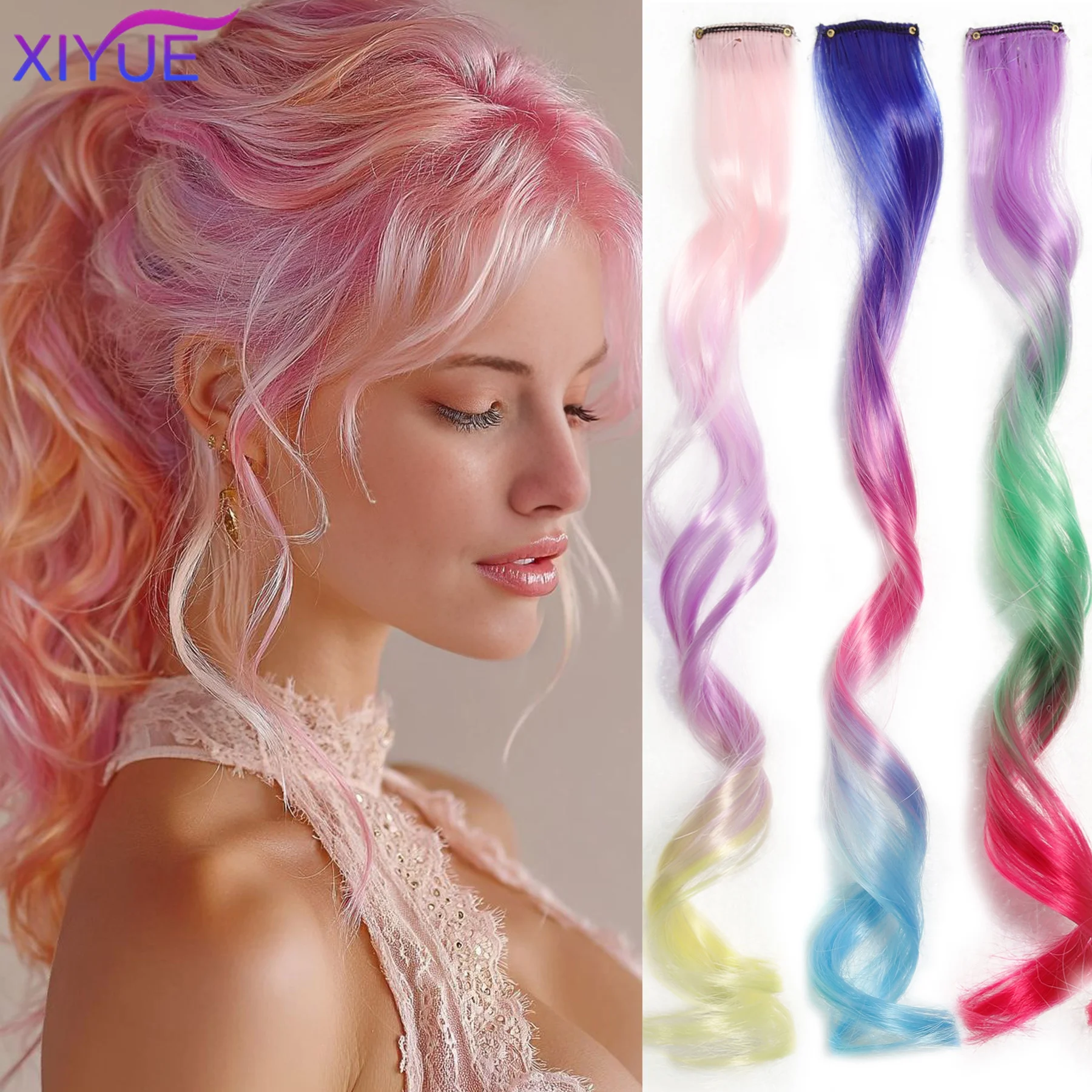 Colorful Hair Extensions Curly One Clip in Synthetic Long Hairpiece For Girls Women Kid Multi-colors Party Highlights Wig Piece