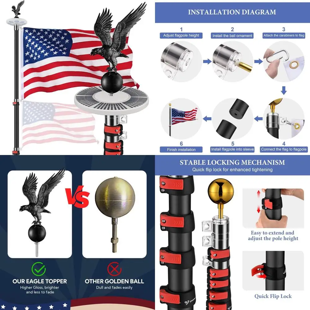 مجموعة عمود العلم التليسكوبي EZ GO بطول 30 قدمًا مع ضوء شمسي LED وعلم أمريكي للاستخدام الخارجي، مناسبة للمنازل والمركبات الترفيهية والمعسكرين #1