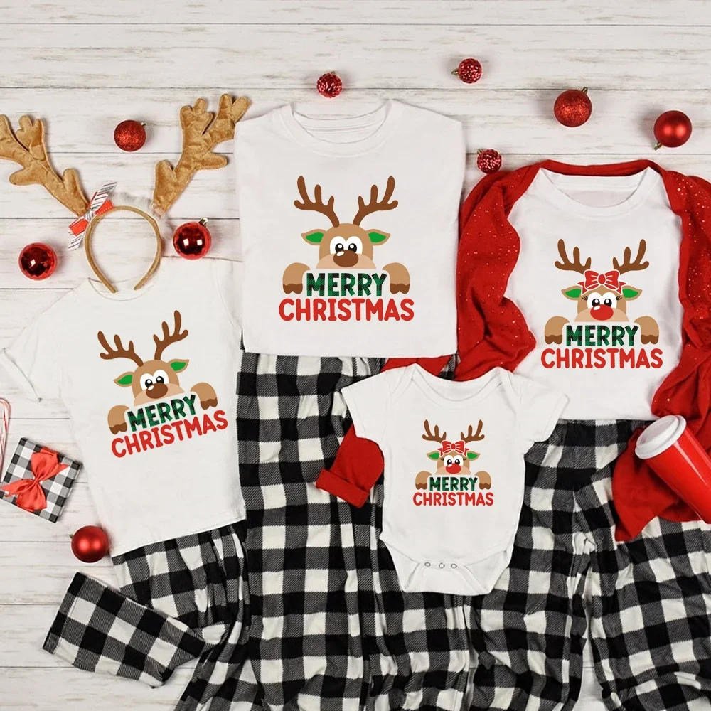 New Reindeer Merry Christmas Print Family Matching Shirts Cotton Look Dad Mom Kids Holiday Xmas T-shrits New Year's Outfits