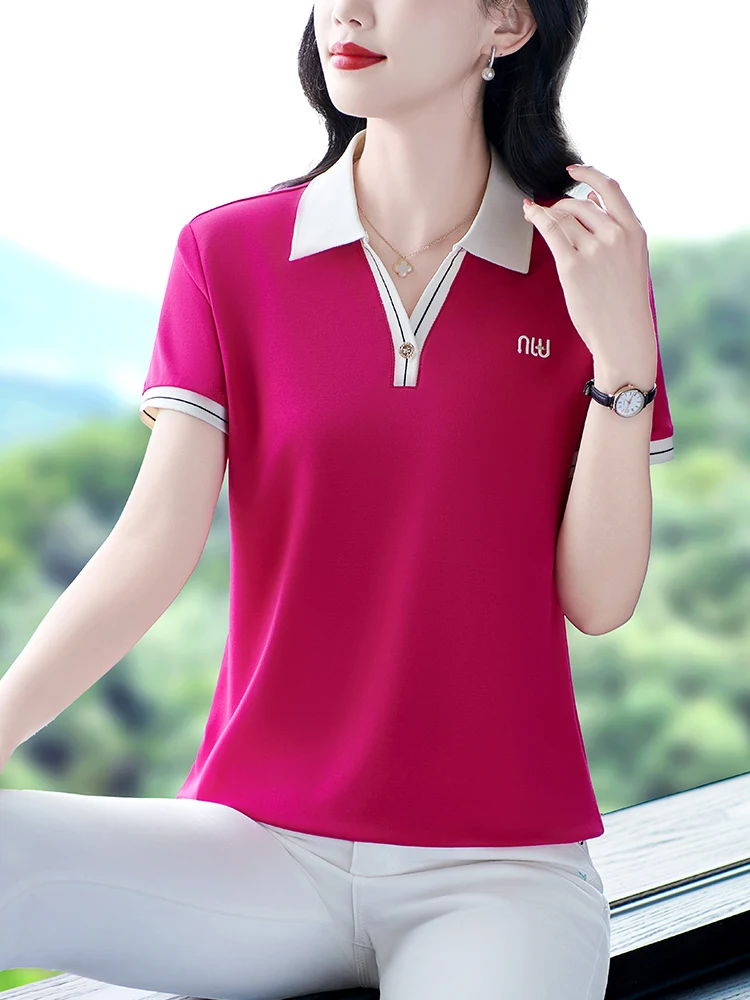 High-End Women's ort Sve T-irt Summer 2025 New Brand Mom Ice Silk Loose Personali Top Turn Collar Comfortable C...