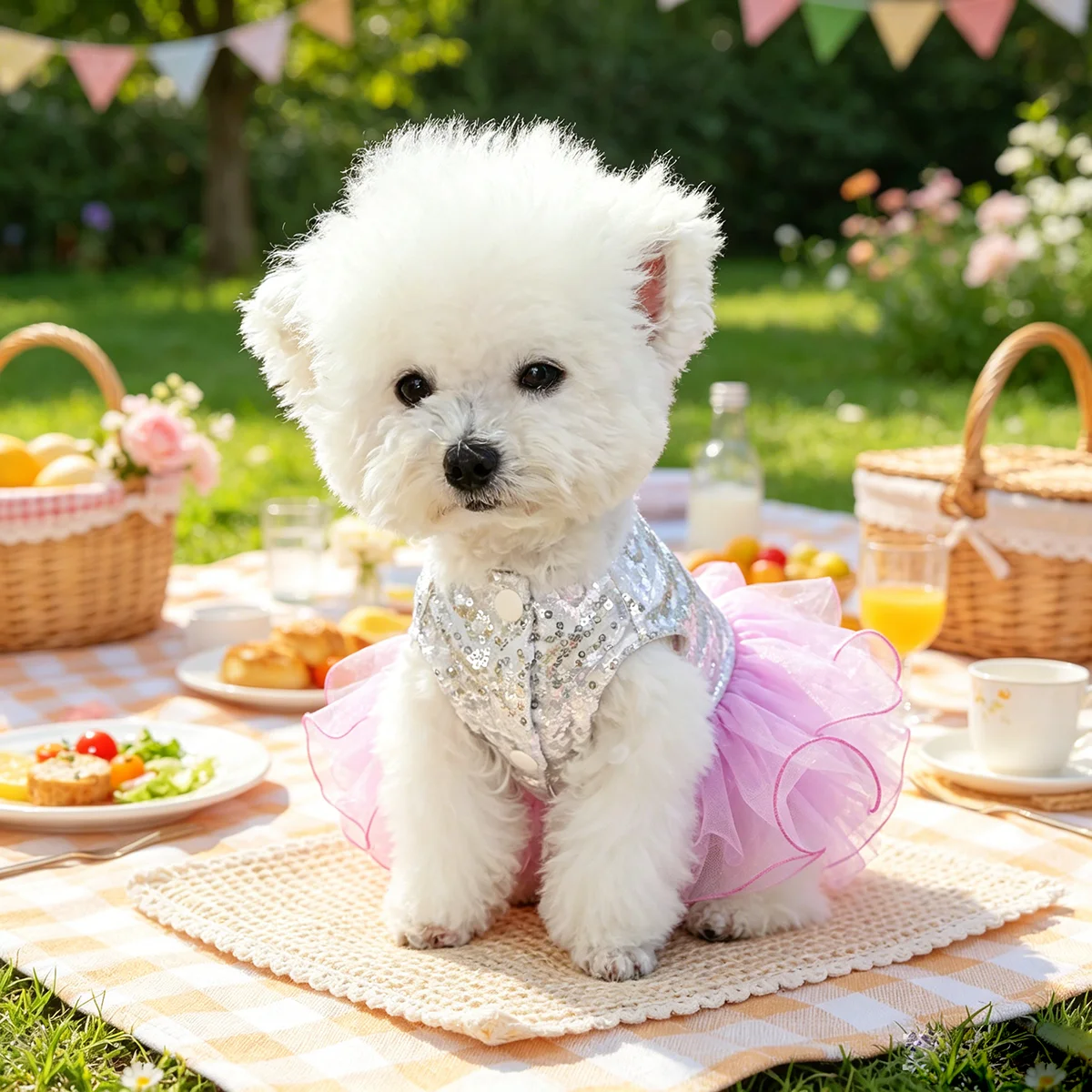 Luxuriöses Pailletten-Tüllkleid, Traumhaftes Hochzeitsoutfit für Kleine Hunde und Katzen, Passend für Teddy, Bichon, Pomeranian, Yorkshire, Malteser – Detail 3