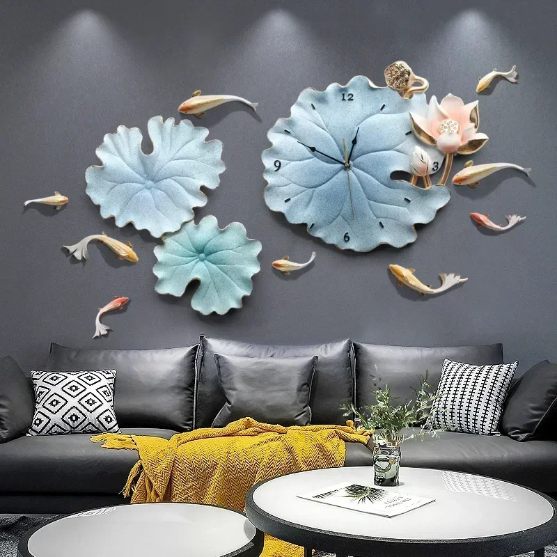 Light luxury lotus leaf living room wall decoration pendant three-dimensional flower dining room wall clock wall decoration