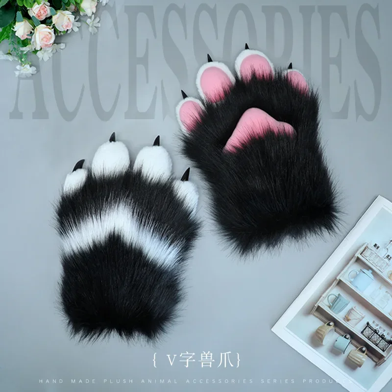 

Furry Paw V-shaped Animal Claw Plush Stage Performance Sweat-absorbing Lining Gloves Fursuit Animal Accessories Spot