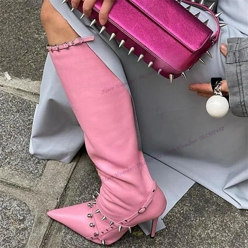 

Pink Matte Leather Rivet Knee High Boots Pointed Toe Shoes for Women Thin High Heels Sexy Lady Shoes 2023 Zapatos Para Mujere