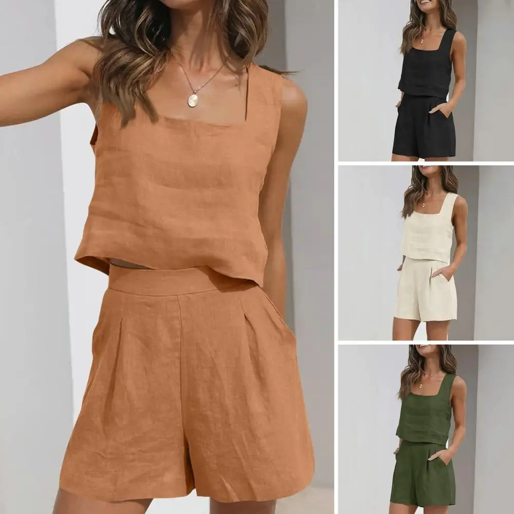 Women's 2 Piece Set Casual Suits Comfortable Cotton Linen Sleeveless Tank Crop Tops Short Sets Summer Loose Outfits Femme