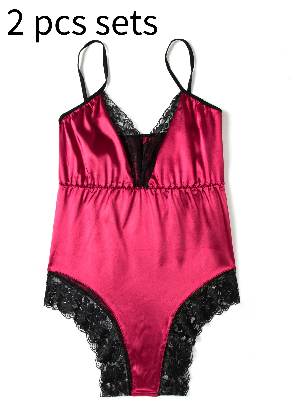 

2-PCS Sets Women's Pajamas Sexy Lace Bodysuit Sleeveless V-Neck Solid Color Pajamas Sexy Adult One Piece Pajamas of Women