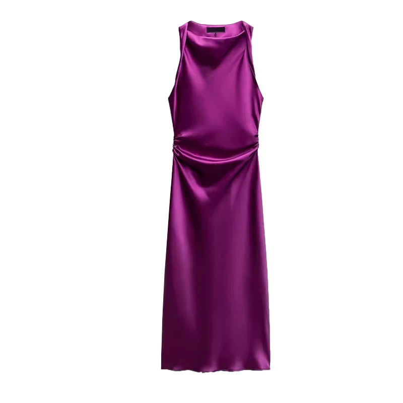 Vestido Midi Sem Mangas de Seda Satin com Decote Redondo, Estilo de Trabalho, Saia Longa em Fibra de Poliéster, Vestido em Fo...