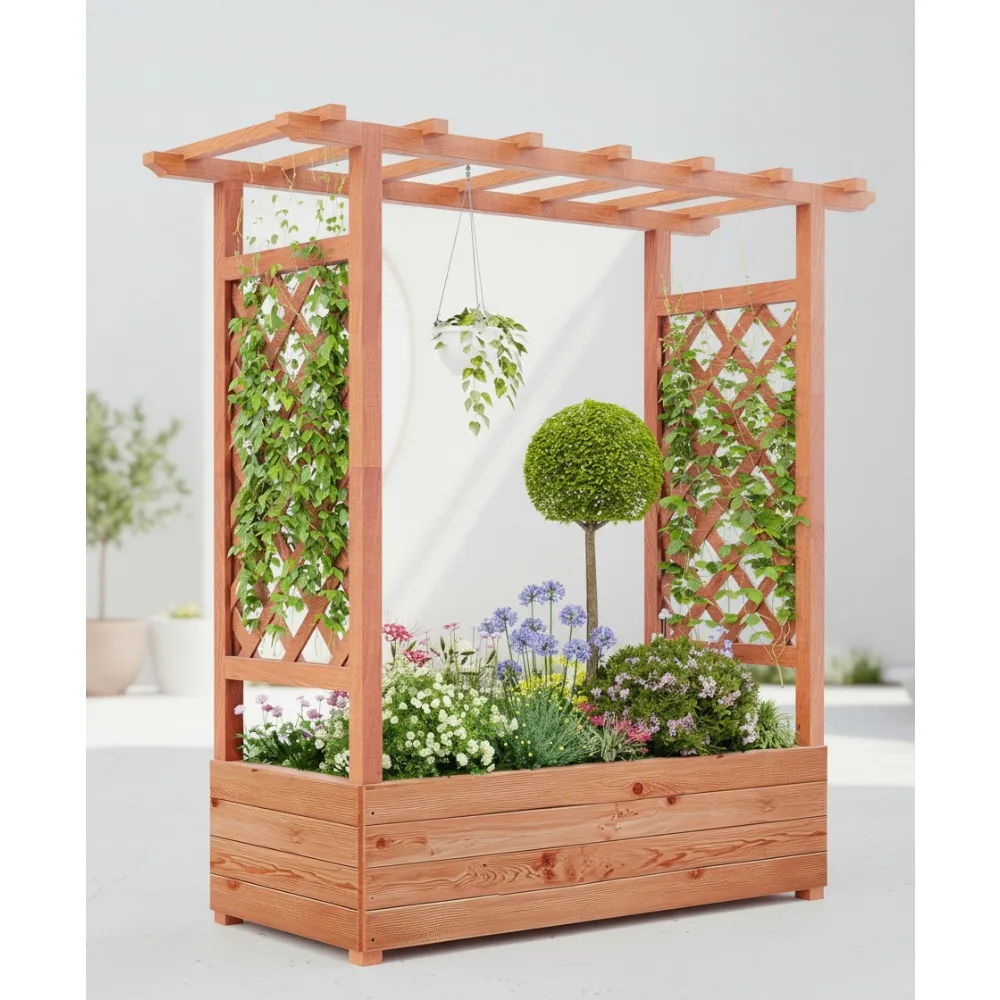 سرير حديقة مرتفع مع تعريشة، صندوق زراعة خشبي مقاس 45 بوصة مع سقف معلق وفتحات تصريف لنباتات التسلق #1