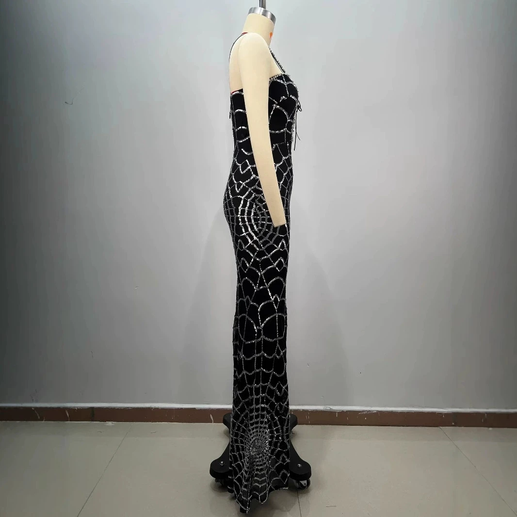 ダークナイトスパイダーウェブサテンドレススターダイヤモンド装飾三次元カットイブニングバンケット包帯ドレス-GZXX848